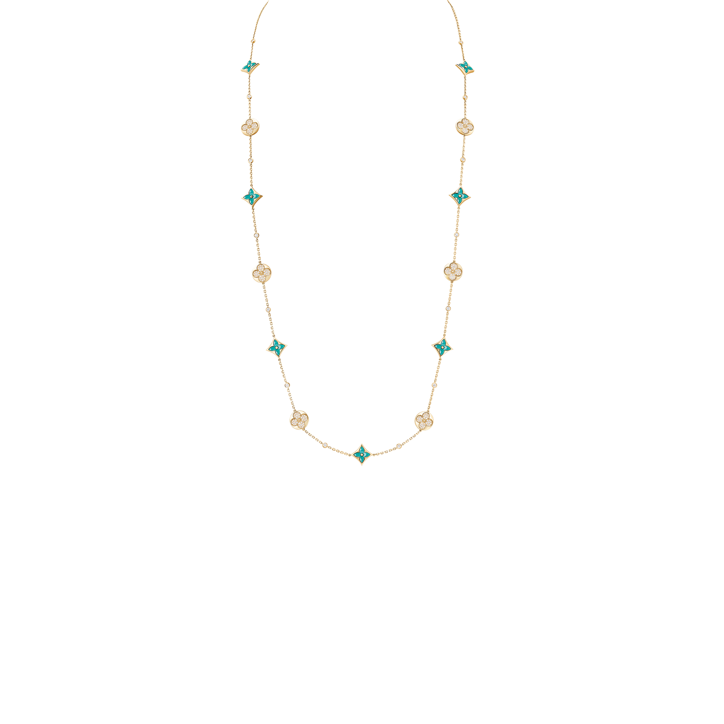 l**is v*t*n color blossom bb multi-pattern long necklace, yellow gold, amazonite and Di*m*nds q94887
